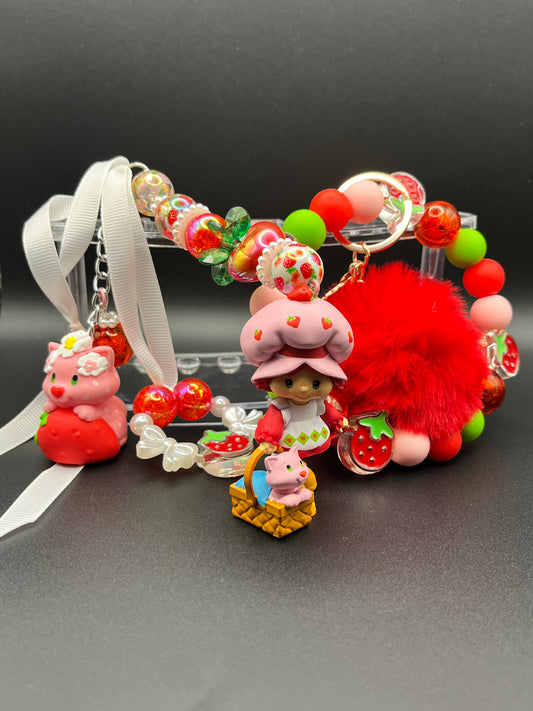 Strawberry Girl With Cat inspired Wristlet with detachable bag charm